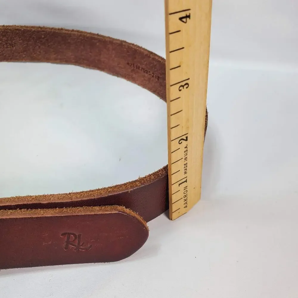 Polo Ralph Lauren Leather Belt western 28 Brown Scalloped Brass Buckle RL Logo